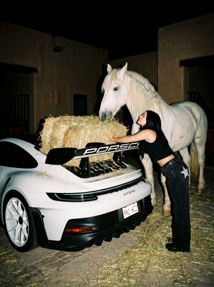 White horse standing next to a Porsche GT3 RS at night